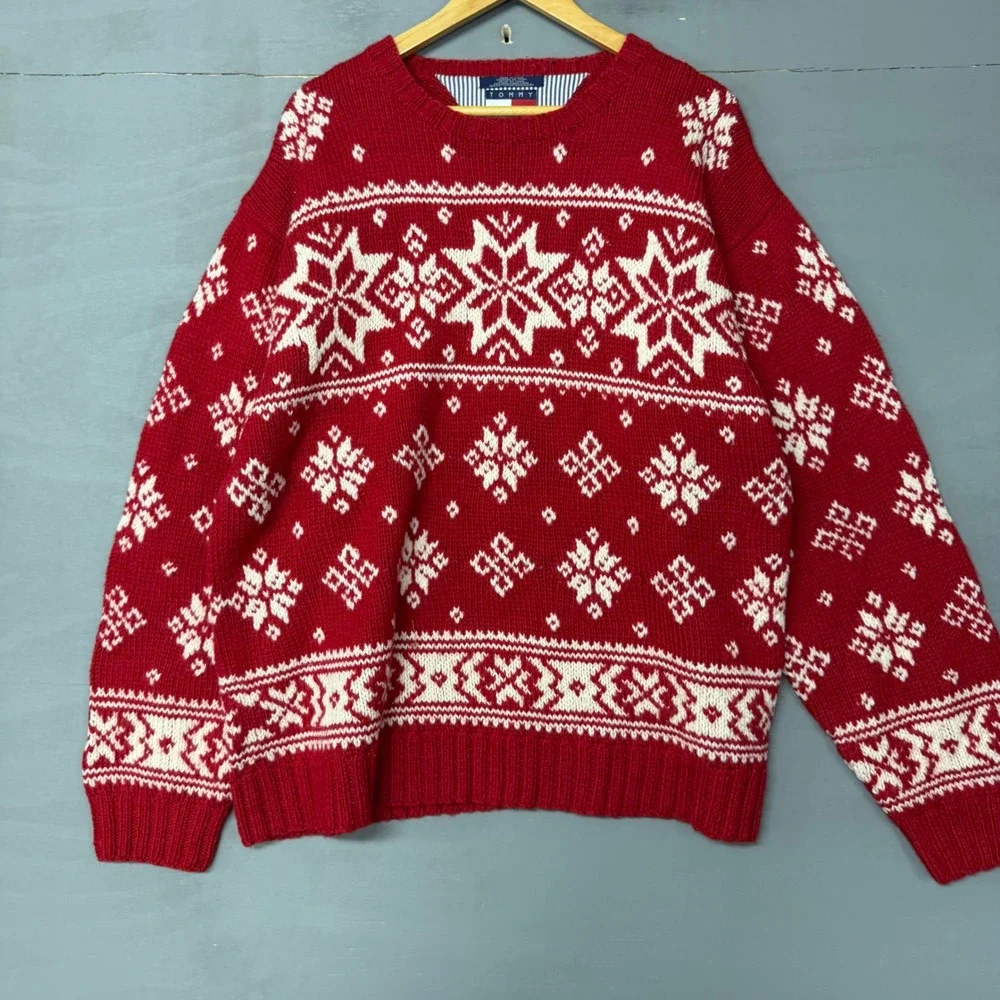 Tommy‎ Hilfiger Mens Red Wool Blend Fair Isle Snowflake Sweater Large Vintage